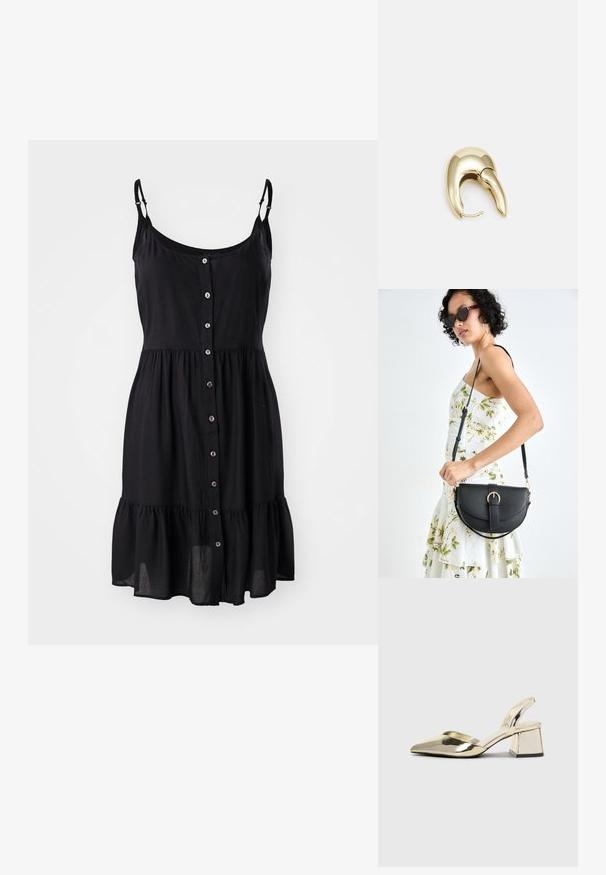 Svart ermeløs kjole med knapplukking foran, volang nederst og justerbare stropper laget av lett materiale.; Gull, metallisk slingback-hæler med spiss tå og chunky hæl. Glatt tekstur, minimalistisk design og en smal stropp.; Svart lærveske med en buet form, avtagbar stropp og gullbeslag. Vesken har et klaff med spenne-detall.; Gullfarget metalløredobber med et elegant, buet design. Har en karakteristisk spiss form, polert overflate og hengsel-lukking.