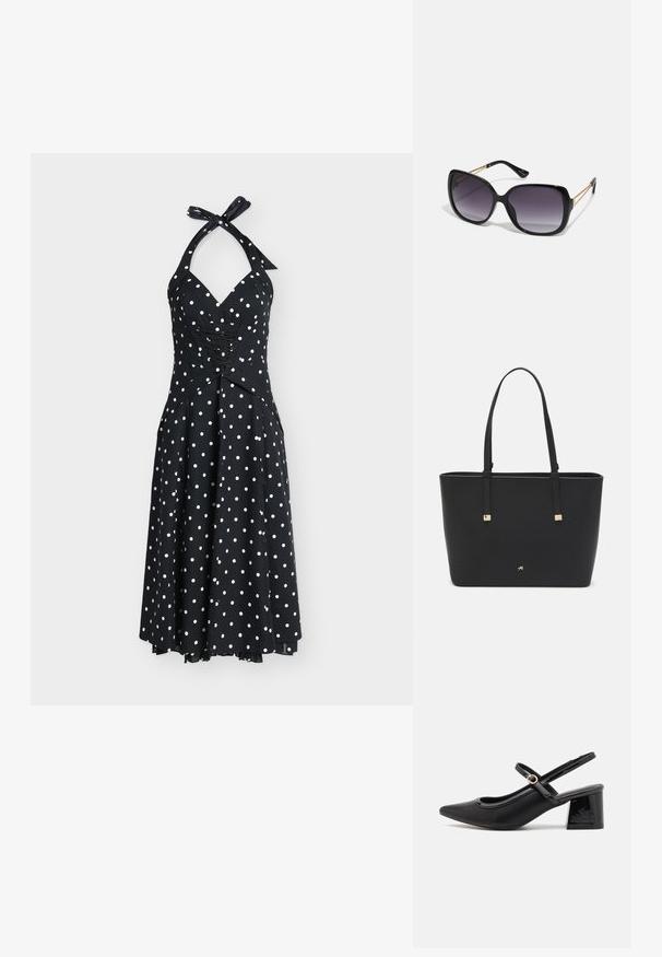 Fekete pánt nélküli ruha fehér pöttyökkel, szűkített felsőrésszel, ráncolt részlettel és lengő, térdig érő szoknyával. Nyaknál megkötős.; Fekete lakk bőr, pántos magassarkú cipő, hegyes orral, lekerekített kivágással és tömbsarkal. Arany színű csat díszíti.; Fekete, oversize napszemüveg fokozatos árnyalatú lencsékkel, vastag kerettel és arany színű lánc díszítéssel a szárakon.; Fekete tote táska szintetikus anyagból, egyszerű téglalap formájú dizájnnal, arany négyzet díszítésekkel és dupla fogantyúkkal.