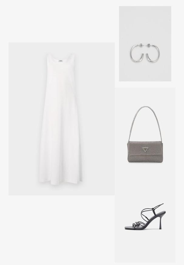 DRYKORN LOZIA - Vestido de malha - white; As sandálias de salto alto pretas apresentam tiras finas com um design em nó, uma biqueira quadrada lisa e um elegante salto agulha.; Bolsa metálica cinza claro com uma alça de corrente, adornada com pequenos rebites metálicos circulares e um logótipo triangular da marca.; Brincos de argola prateados com um acabamento suave e brilhante. Forma arredondada, design leve, com fecho de pino.