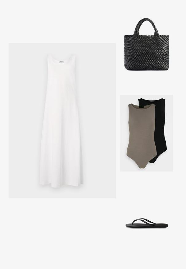 DRYKORN LOZIA - Obleka iz džersija - white; Dva brezrokavnika v olivno zeleni in črni barvi. Narejena iz gladkega materiala z okroglo ovratnikom in visoko izrezom na nogah.; Črne natikače z teksturirano gumijasto podlogo, dvema ozkima trakoma in subtilnim, vtisnjenim logom na traku.; Črna tkaninasta torba s two ročaji, ki ima teksturirano površino in pravokotno obliko. Preprost, edinstven dizajn brez vidne opreme.