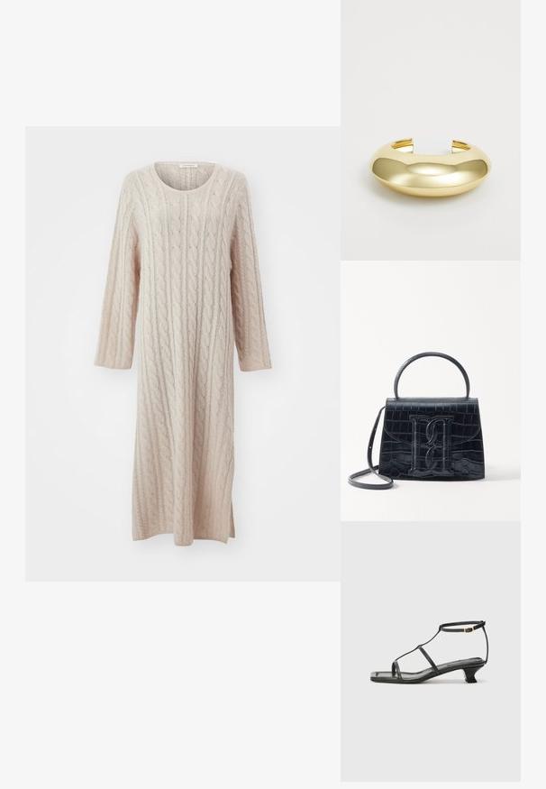 By Malene Birger LOVELLA - Maksimekko - oyster gray; Musta nahkasaapas, jossa on neliön muotoinen kärki, ohuet hihnat, säädettävä nilkkahihna ja matala korko. Hihnassa on pieni kultainen yksityiskohta.; Musta krokotiilivoimalla painettu nahkakäsilaukku, jossa on jämäkkä muotoilu, yläkahva, säädettävä hihna ja erottuva etuosan logoyksityiskohta.; Kultainen metallinen kiharbracelet, jossa on sileä, pyöristetty muotoilu. Sisältää kaksi avointa kohtaa päissä helppoa pukeutumista varten. Korkea kiiltävä viimeistely.