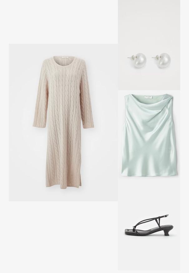 By Malene Birger LOVELLA - Maxi ruha - oyster gray; Világoskék selyem ujjatlan top, drapírozott cowl nyakkivágással és sima textúrával. A címke szerint "Tiger of Sweden 1993."; Fekete bőr szandál vékony pántokkal, alacsony blokk sarkú és négyzetes orrú. Csattal záródik és sima textúrájú.; Ezüst gyöngy fülbevalók, ívelt, bab forma. Simább, fényes felület és rögzített kapocs és hátlap.