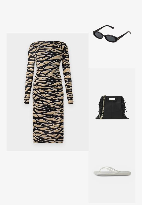 Ilgų rankovių suknelė juodos ir smėlinės spalvos su abstrakčia bangų raštine. Pagaminta iš tamprios medžiagos, turi prigludusią siluetą ir apvalų iškirpimą.; Balti šlepetės su tekstūruota padu, turinčios plonas juosteles ir plokščią konstrukciją. Pagamintos iš gumos, su subtiliu logotipu ant pado.; Juodos didelės saulės akinių su ovaliais objektyvais, lygia plastiko rėmeliu ir aukso akcentais ant šventyklos. Tamsūs objektyvai suteikia apsaugą nuo saulės.; Juodas odinis rankų darbo rankinys su frinzuotomis detalėmis, auksine grandinės petneša ir išpjauto dizaino rankena. Pirmoje pusėje yra logotipo vieta.