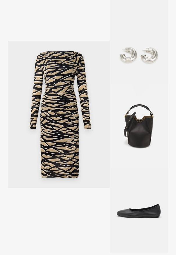 Pitkähihaista mekkoa mustassa ja ruskeassa, jossa on abstrakti aalto-kuvio. Valmistettu joustavasta kankaasta, jossa on istuva siluetti ja pyöreä kaula-aukko.; Musta nahkainen ballerina, jossa on pyöristetty kärki, sileä pinta, minimaalinen ommelkoristelu ja joustava pohjamuotoilu.; Mustan nahka-buckettikassi, jossa on teksturoitu pinta, kultaiset metalliosat ja avoin yläosa. Ominaisuuksiin kuuluu lyhyt kahva ja säädettävä olkahihna.; Korvakorut, joissa on hopeanvärinen hoops-muotoilu, sulava kaareva muoto ja teksturoitu pinta. Niissä on kiinnityspistoke.