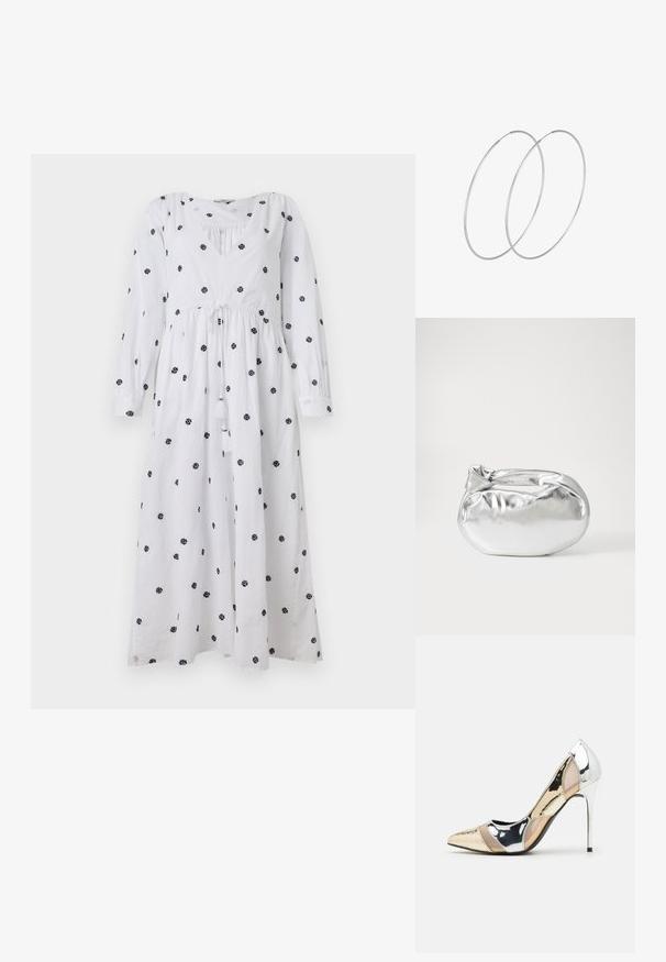 Valkoinen mekko, jossa on pitkät hihat ja V-pääntie. Siinä on mustaa kukkakirjontaa ja nyöri vyötäröllä, jossa on tupsut. Pehmeä, kevyt kangas.; Korkokenkät, joissa on terävä kärki ja hopea, kultainen sekä nude-väriyhdistelmä. Kiiltävä pinta ja leikkausdesign, varustettuna stikettikorkealla.; Hopeapintainen metallinen pussilaukku, jolla on pehmeä, pyöreä muoto ja solmittava yläosa. Valmistettu sileästä tekonahkamateriaalista.; Hopehope hopeilla, joissa on minimalistinen muotoilu. Pyöreä muoto, sileä pinta ja ohut profiili. Kevyet ja kiillotetut.