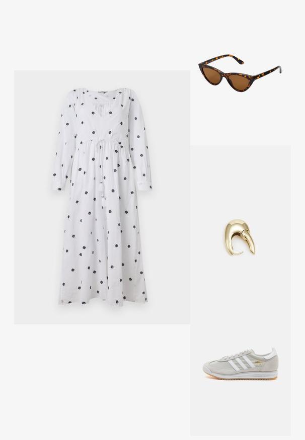 Hvit kjole med lange ermer og V-hals. Inkluderer svart blomstermønster og snor i livet med dusk. Mykt, lett stoff.; Lys grå sneaker laget av semsket skinn og mesh, med tre hvite striper, rund tå og såle av gummi. Gull logo-aksent nær snørebåndene.; Kattøye solbriller med en svart og oransje skjellramme, brune linser og elegante, spisse tupper. Har en minimalistisk logo på stangen.; Gullfarget metalløredobber med et elegant, buet design. Har en karakteristisk spiss form, polert overflate og hengsel-lukking.