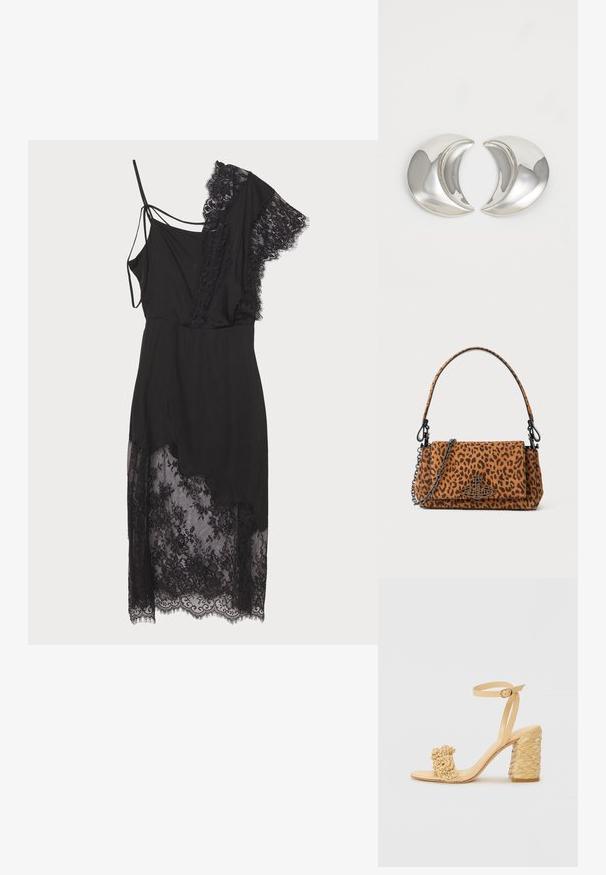 MUNTHE SAHAN - Cocktailkleid/festliches Kleid - black; Beige High-Heel-Sandale mit geflochtener Textur, dekorativer Blume und Knöchelriemen. Der quadratische Absatz sorgt für Stabilität.; Tasche im Leopardenmuster aus Wildleder mit kurzem Tragegriff, einer Kettenriemen und einem schwarzen Hardware-Verschluss. Rechteckige Form mit Klappenverschluss.; Silberne, halbmondförmige Ohrringe mit polierter Oberfläche, die sanfte Kurven und reflektierende Flächen aufweisen und ein elegantes, modernes Design kreieren.