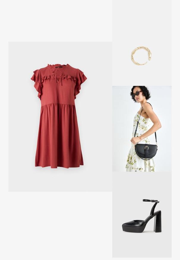 Hrdzavohnedé šaty s krátkymi volánovými rukávmi, okrúhlym výstrihom s viazaním a voľným strihom od pása nadol s našitou dolnou časťou.; Čierne platformové podpätky so špicatou špičkou a nastaviteľným členkovým remienkom. Vyrobené z hladkej kože a so robustným blokovým podpätkom.; Čierna kožená kabelka s zaobleným tvarom, odnímateľným popruhom a zlatými doplnkami. Kabelka má klopu s detailom s prackou.; Prsteň v zlatej farbe s organickým, skrúteným dizajnom, hladkým povrchom a zužujúcimi sa koncami, vytvárajúci moderný, sochársky vzhľad.