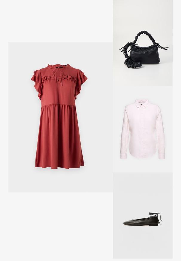 Rūdžių raudona suknelė su trumpomis raukinėmis rankovėmis, apvaliu iškirpimu su rišimo detale ir laisvu siluetu nuo liemens žemyn su surinktu apatine dalimi.; Šviesiai rožinė ilgom rankovėm marškiniai su užsegamu apykakle, turintys tiesią apatinę kraštinę ir minkštą tekstūrą, pagaminti iš lengvo medvilnės audinio.; Juodi odiniai balerinų bateliai su smailiu pirštu, kulkšnies raiščiu ir plokščiu padu, pasižymintys lygiu paviršiumi ir minimalizmo dizainu.; Juodas dirbtinės odos rankinė su krokodilo tekstūra, sušnibždinta viršuje ir susikraipytu dirželiu. Atrodo minkšta ir kompaktiška.