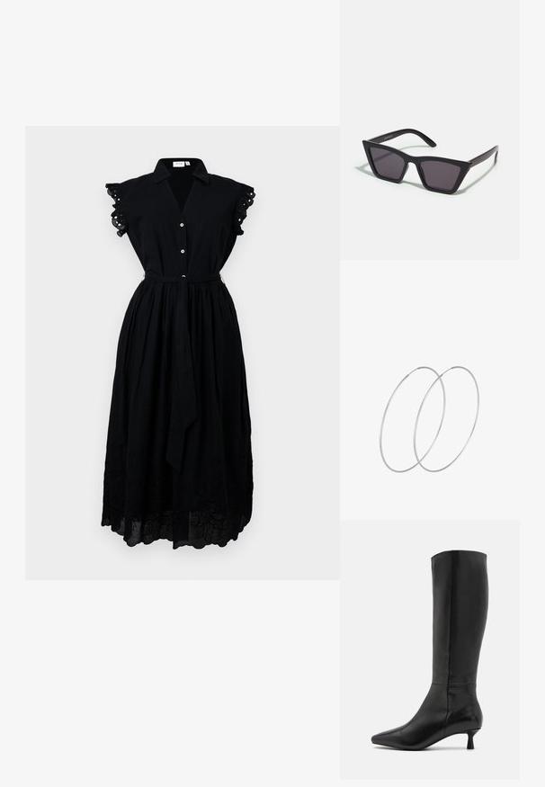 Melns midi kleita ar apkakles dekoltē, īsām volānveida piedurknēm, pogu aizdari un sasietu jostu. Iekļautas izšūtas ziedu detaļas.; Zign Zābaki - black; Melni, stūrveida saulesbrilles ar pelēkiem objektīviem; izgatavotas no plastmasas, ar biezām kājām, kam ir gluda virsma un nav redzamu stiprinājumu.; Sudraba gredzenveida auskari ar minimālistisku dizainu. Cirkulāra forma, gluda tekstūra un plāns profils. Vieglu svaru ar spīdīgu apdari.