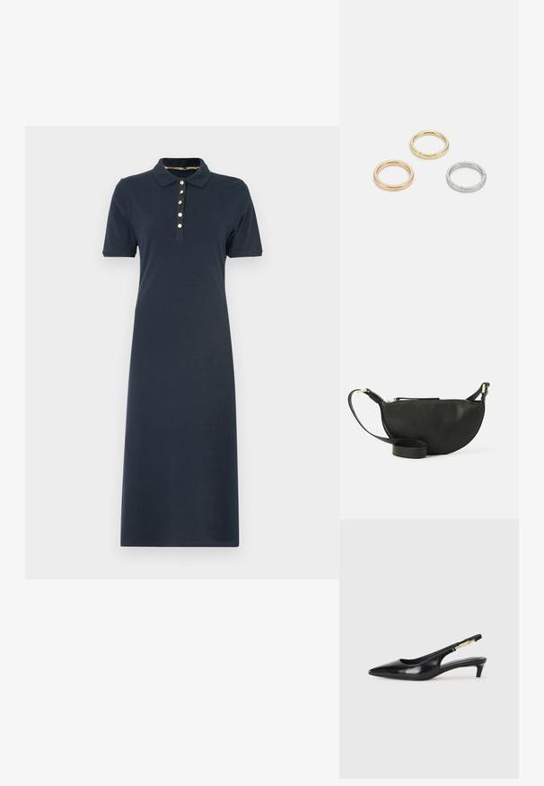 Rochie polo bleumarin cu mâneci scurte, având un guler și cinci nasturi aurii pe față. Fabrică din bumbac neted, cu o lungime până la genunchi.; Sandale slingback din piele neagră cu vârf ascuțit, având un toc subțire și un accent de culoare aurie pe curea ajustabilă. Textură netedă.; Geantă crossbody din piele neagră, cu formă de jumătate de lună, suprafață texturată, fermoar auriu și curea plată. Design compact, potrivit pentru obiectele esențiale.; Trei inele din metal: unul roz aurie, unul auriu cu accente texturate și unul argintiu, toate cu branding gravat pe banda interioară.