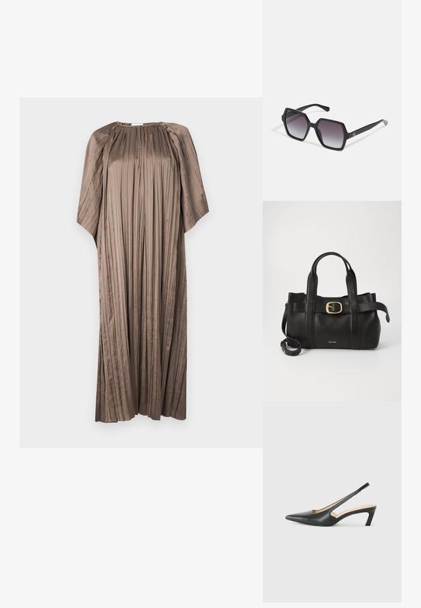 Braunes plissiertes Kleid aus glattem Stoff mit rundem Ausschnitt und lockeren Ärmeln, das vertikale Faltendetails aufweist.; Schwarzer spitz zulaufender Slingback-Schuh mit niedrigem Absatz, der aus glattem Leder gefertigt ist und seitliche Ausschnitte für Atmungsaktivität aufweist.; Schwarze hexagonale Sonnenbrille mit Verlaufsgläsern, glänzender Oberfläche und dezentem Branding am Bügel. Aus langlebigem Kunststoff gefertigt.; Schwarze Lederhandtasche mit strukturiertem Design, doppelten oberen Griffen, goldfarbenem Schnallenakzent und geprägtem Markenlogo auf der Vorderseite.