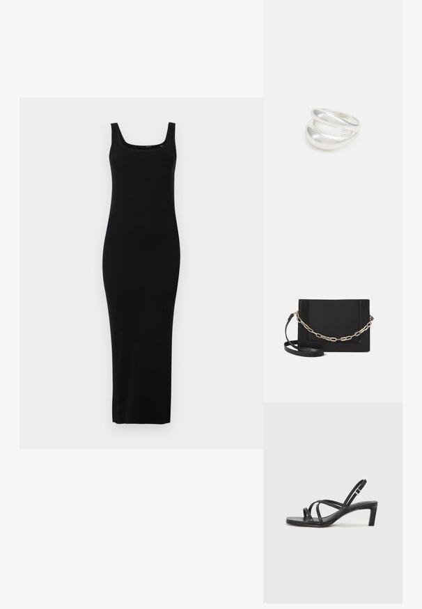 Juodas prigludęs maksi suknelė, pagaminta iš rišamosios medžiagos, su kvadratine iškirpte ir plačiomis petnešomis, maloniai švelni liesti.; Juodi šlepetės su kvadratiniu pirštu ir žemu bloku kulnu. Yra keli ploni dirželiai ir reguliuojamas kulkšnies diržas. Pagaminti iš lygios odos.; Juodas odinis per petį nešiojamas krepšys turi lygų paviršių, stačiakampio formą ir metalinę grandinėlę priekyje. Pridedama reguliuojama dirželis.; Sidabrinis dvigubas žiedas su lygiu, poliruotu paviršiumi. Pasižymi sklandžiu, kreiptu dizainu su persipinančiomis dalimis, suteikiančiomis modernų išvaizdą.