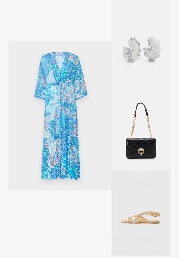 Diane von Furstenberg BORIS DRESS - Maksi garuma kleita - blue; Stuart Weitzman THEA - Sandales - golden; Melnā kvadrātveida ādas rokassomiņa ar zelta ķēdes plecu siksnu, kurai ir apaļais aizdare. Kompakta taisnstūra forma ar gludu tekstūru.; Sudeļi ar plūstošu spirālveida dizainu. Gluda tekstūra ar pulētu apdari. Iezīmējas ar maigu spīdumu un nav redzamu rotājumu.