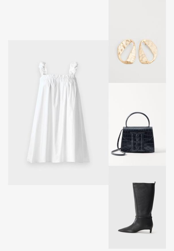 Bela bombažna obleka z elastičnim bodicem in nabrano naramnicami. A-linijski kroj in gladka tekstura, z dolžino do kolen.; Črne usnjene visokokakovostne škornje do kolen s koničastim nosom, okrašene s krožno zanko okoli gležnja in nizko, oblikovano peto. Gladka tekstura.; Črna ročno vsebovana torbica iz usnja z reliéfom krokodila, z oblikovanim dizajnom, zgornjo ročajem, prilagodljivo zanko in izstopajočim logotipom spredaj.; Par nenavadno ovalnih zlatih metalnih uhani s teksturirano, rahlo udarjeno površino na belem ozadju.