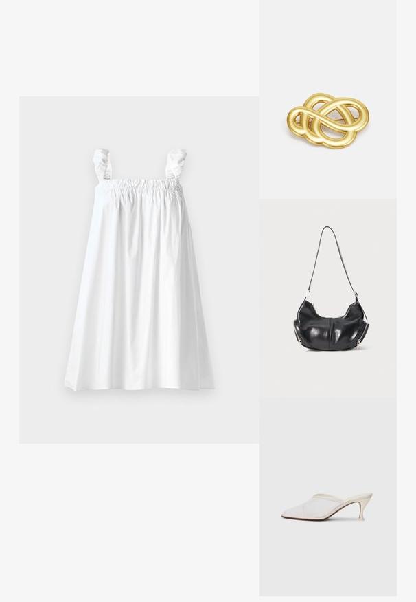 Vit bomullsklänning med elastisk byst och volangärmar. A-linjeformad och med en slät textur, med en knälång fåll.; Vit nät-mule med spetsig tå, smal klack i medelhöjd och slip-on design mot en enkel bakgrund.; Svart läder axelväska i halvmåneform med silverfärgade dragkedjor på båda sidor och ett enda band.; Guldtonad brosch med en knutformad design med släta, böjda linjer och en intrikat form, vilket ger en polerad yta.