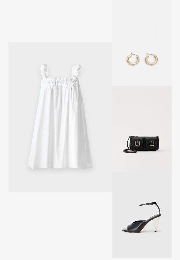 Balto medvilninė suknelė su elastinga liemene ir raukšlėtomis petnešomis. A linijos forma ir glotni tekstūra, su kelių ilgio apačia.; Juodos odinės aukštakulnės šlepetės su atvira nosimi, asimetrišku dizainu, kulkšnies dirželiu ir metaliniu kūgio formos kulnu. Visas paviršius lygus.; Juodas odinis per petį nešiojamas krepšys su dviem priekiniais kišenėmis, auksiniais sagtimis, užtrauktuko uždarymu ir siauromis petnešomis. Textūruota paviršius ir kompaktiškas stačiakampis formatas.; Lauren Ralph Lauren BASIC SMALL HOOP - Auskarai - gold-coloured
