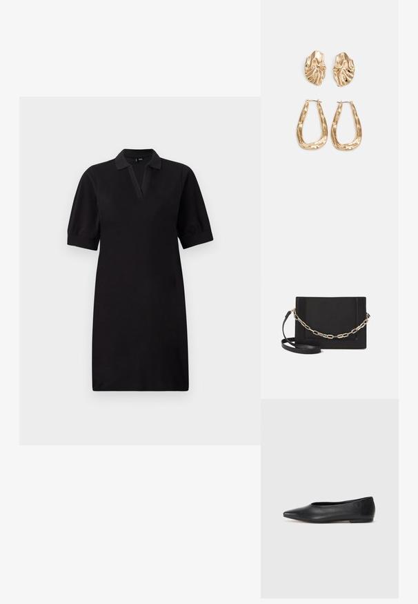 Juoda polo suknelė su trumpomis pūkuotomis rankovėmis, gilus V formos iškirpė ir laisvas siluetas. Pagaminta iš minkštos medžiagos, ji turi vientisą spalvą be raštų.; Juodas odinis baleto batas, su smailiu pirštu, minimalistinio dizaino, lygiu paviršiumi, žemo profilio kulnu, be matomos aparatūros ar papuošimų.; Juodas odinis per petį nešiojamas krepšys turi lygų paviršių, stačiakampio formą ir metalinę grandinėlę priekyje. Pridedama reguliuojama dirželis.; Auksinės auskarai, turintys tekstūruotus, bangų formos elementus. Įeina skulptūriniai segami auskarai ir atviri lankai su išmuštu paviršiumi.