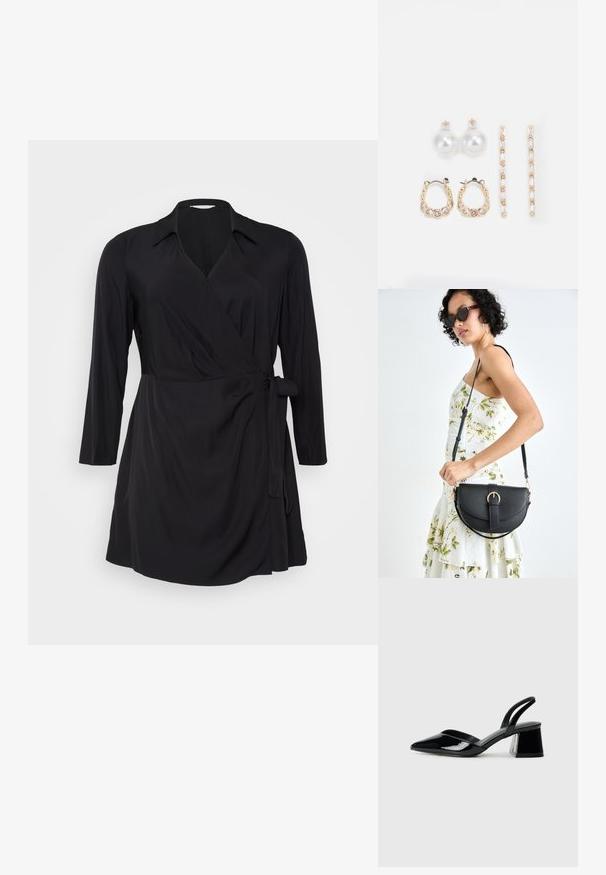 Zwarte wikkeljurk met lange mouwen, een kraag en een strikdetail in de taille. Gemaakt van zachte, gladde stof met een gedrapeerd silhouet.; Zwarte gepatineerde leren slingback hakken met een spitse neus en een geometrische blokhak. Kenmerkt zich door een slank, minimalistisch ontwerp en een gladde textuur.; Zwarte leren handtas met een gebogen vorm, afneembare schouderband en gouden hardware. De tas heeft een klep met een gespsluiting.; Drie paar oorbellen: grote witte parelstuds, gouden hoepels met heldere edelstenen, en twee lange, rechte gouden accentoorbellen met sprankelende details.