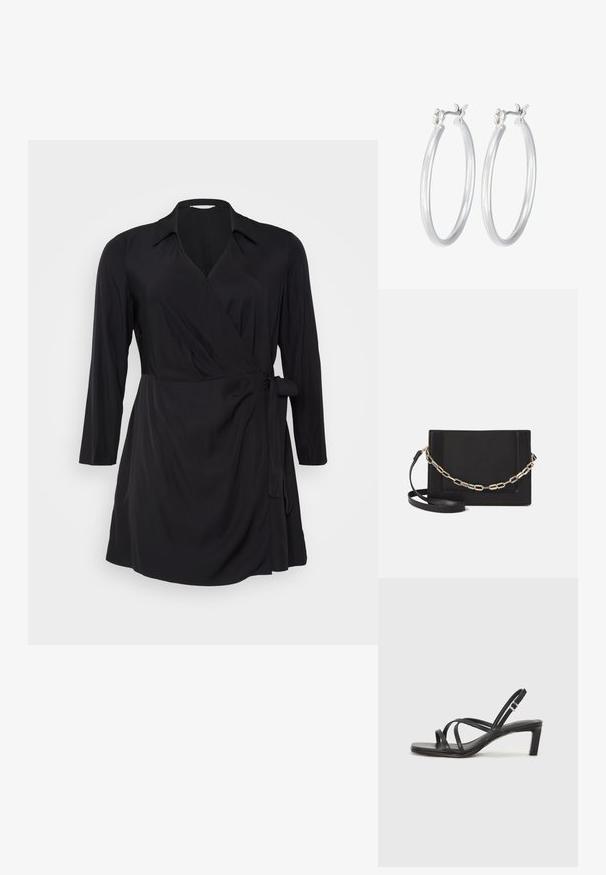 Černé šaty se zavinovací sukní, dlouhými rukávy, límečkem a detailem na zavázání v pase. Vyrobené z měkké, hladké tkaniny s drapovaným siluetou.; Černé sandály na tenkém podpatku se čtveratou špičkou a nízkým blokovým podpatkem. Mají několik tenkých popruhů a nastavitelné zapínání okolo kotníku. Vyrobeny z hladké kůže.; Černá kožená crossbody taška s hladkým povrchem, obdélníkovým tvarem a kovovým řetízkem na přední straně. Součástí je nastavitelný popruh.; Stříbrné kruhové náušnice s hladkým, lesklým povrchem. Kulatý tvar a bezpečné zapínání na klip. Lehký design vhodný pro každodenní nošení.