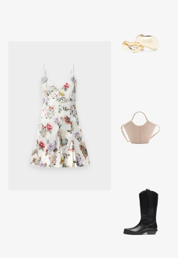 Saten haljina s cvjetnim uzorkom, V-izrezom, tankim naramenicama, lepršavim rubom i raznim cvijećem u ružičastoj, ljubičastoj, žutoj i zelenoj boji na bijeloj pozadini.; Crna kožna kaubojka do pola lista s upuznim vrhom, nagnutim potplatom, ručkom na vrhu i minimalnim dekorativnim šavovima.; Bež kožna torba jedinstvenog oblika, s dva kratka ručka i dugom podesivom trakom. Glatka tekstura s minimalnim metalnim dodacima.; Zlatne naušnice organskog, zrnastog oblika s glatkom, reflektirajućom površinom; imaju minimalistički dizajn bez vidljivih dijelova.