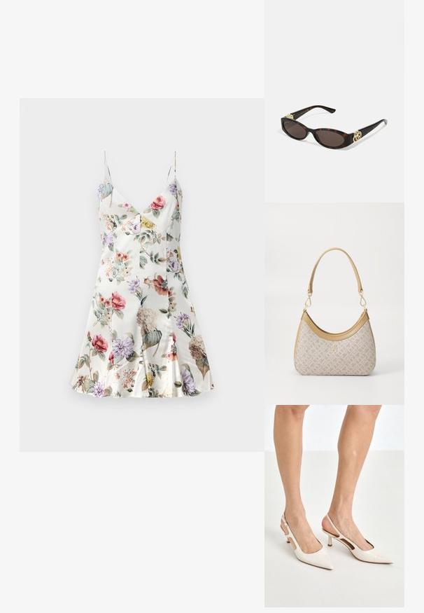 Blumenbedrucktes Satinkleid mit V-Ausschnitt, dünnen Trägern, ausgestelltem Saum und verschiedenen Blumen in Rosa, Lila, Gelb und Grün auf einem weißen Hintergrund.; Beige Lackleder Slingback-Absätze mit spitzem Fuß und 5 cm Absatz, mit ausgeschnittenen Seiten und einem schmalen Knöchelriemen.; Schildpatt-Sonnenbrille mit länglich-ovalen Gläsern, braunem Farbton, goldenen Logo-Akzenten an den Bügeln und schlanken schwarzen Bügeln.; Beige gemusterte Handtasche mit geschwungener Form, Lederakzenten und einem goldfarbenen Logo auf der Vorderseite. Verfügt über einen kurzen Griff für einfaches Tragen.; Perlen- und Kristallhalskette mit einem runden, perlenbesetzten Design in sanften Farbtönen, das abwechselnd Perlen und funkelnde Akzente zeigt, um den Hals getragen.