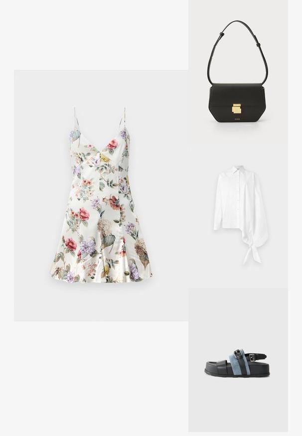 Saténové šaty s kvetinovým vzorom, V-výstrihom, tenkými ramienkami, rozšíreným lemom a rôznymi kvetmi v ružovej, fialovej, žltej a zelenej farbe na bielom pozadí.; Biela dlhá košeľa s gombíkmi a asymetrickým prehnutým rukávom s prehnaním na pravej strane, zviazaná na zápästí.; Čierne a modré sandále s hrubou platformou, z koženého a denimu, s nastaviteľným prackom a otvoreným špičkou.; CLOSED CLOSED ONE - Taška cez plece - black