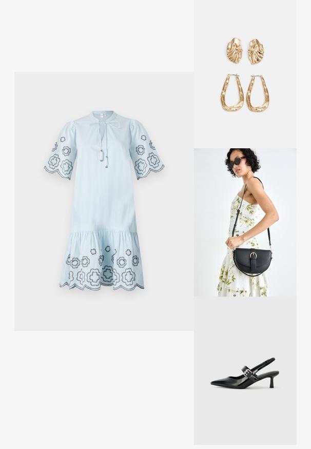 Light blue cotton dress with short puff sleeves, featuring black floral embroidery on sleeves and hem, and a drawstring neckline.; Black patent leather slingback heels with a pointed toe and a small block heel, featuring a silver buckle accent on the strap.; Black leather handbag with a curved shape, detachable strap, and gold hardware. The bag features a flap with a buckle detail.; Gold-tone earrings featuring textured, wavy shapes. Includes sculptural clip-on studs and open hoop design with a hammered finish.