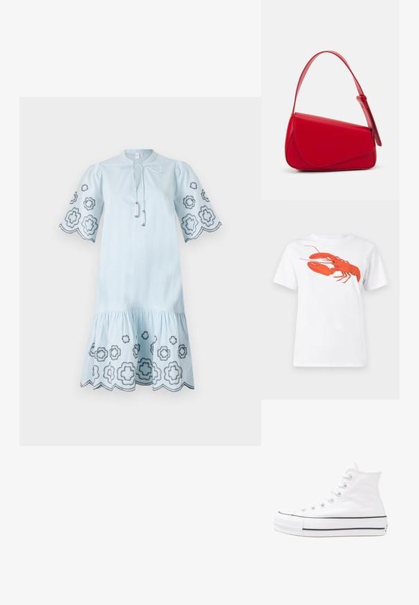 Svetlo modra bombažna obleka s kratkimi napihnjenimi rokavi, z črnimi cvetličnimi vezeninami na rokavih in robu ter vrvico pri ovratniku.; Bela bomba iz bombaža z velikim, svetlo rdečim grafikonom jastreba na sprednji strani. Kratki rokavi in standarden kroj s okroglim izrezom.; Beli visoki platneni športni čevelj z črnim gumijastim podplatom, sprednjim gumijastim zaščitnikom za prste in šestimi luknjicami za vezalke, ki se ponaša s preprostim, minimalističnim dizajnom.; Rdeča usnjena torba z angularnim, geometrijskim dizajnom. Ima en samostoječ nastavljiv ročaj in pokrov, zaprt z zapiranjem, ki je okrašen s šivi.