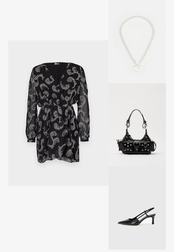 Vestido negro de tela transparente, con patrones plateados de paisley, escote en V, mangas largas abullonadas y detalle de cintura con lazo.; Tacón slingback negro de charol con punta afilada, que presenta un estampado de serpiente texturizado, correa ajustable y un tacón bloque corto y texturizado.; Bolso de mano de cuero negro con un diseño curvado, que cuenta con tachuelas plateadas, una hebilla y dos bolsillos laterales. Correa ajustable para opciones de transporte.; Lauren Ralph Lauren NK 17" BEADED LOGO COLLAR /TGGLE - Collar - silver-coloured