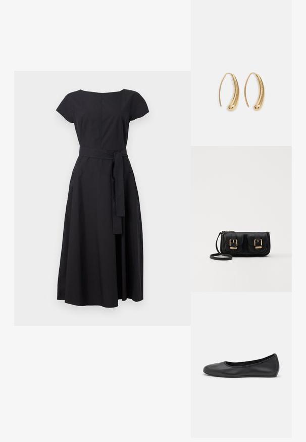 Rochie neagră dintr-un material cu mâneci scurte, decolteu rotund, bust ajustat și talie accesorizată cu un brâu, continuând cu o fustă de lungime midi.; Balerini din piele neagră, cu vârf rotund, textură netedă, detalii de cusătură minimale și un design al tălpii flexibil.; Geantă neagră din piele, tip crossbody, cu două buzunare frontale, catarame aurii, închidere cu fermoar și o curea subțire. Suprafață texturată și formă rectangulară compactă.; Cercei din metal auriu, cu un design curbat și alungit. Au o suprafață netedă și strălucitoare, cu un vârf rotunjit pentru un detaliu suplimentar.