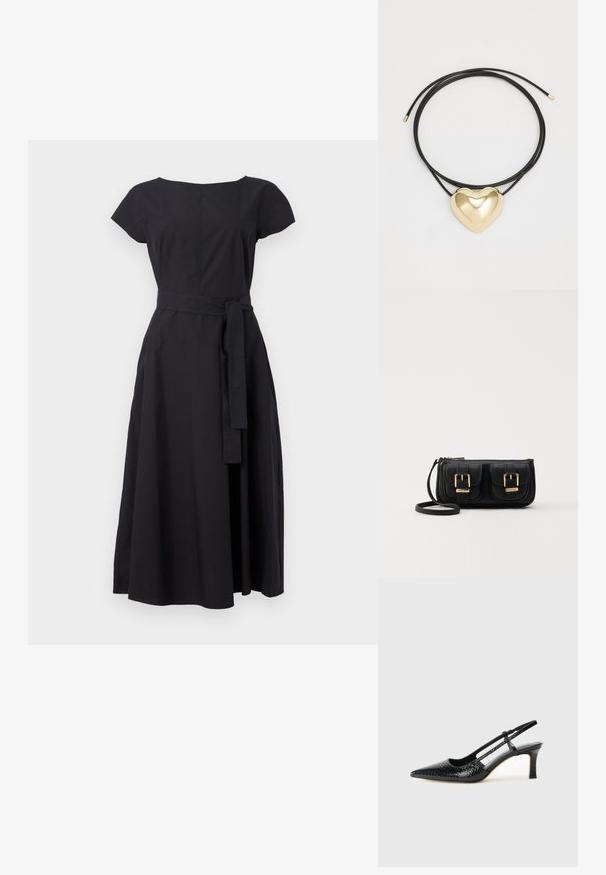 Čierne šaty z látky s krátkymi rukávmi, okrúhlym výstrihom, priliehavým korzetom a opaskom v páse, ktorý prechádza do midi dĺžky sukne.; Čierne patentové slingback topánky na ihlovom podpätku s špicatou špičkou, s textúrovaným hadím vzorom, nastaviteľným popruhom a krátkym, textúrovaným blokovým podpätkom.; Čierna kožená crossbody taška s dvoma prednými vreckami, zlatými sponami, zipsovým uzatváraním a úzkym popruhom. Štruktúrovaný povrch a kompaktný obdĺžnikový tvar.; Čierny opletený náhrdelník s lešteným zlatým pendantom v tvare srdca s hladkými krivkami a lesklým povrchom.