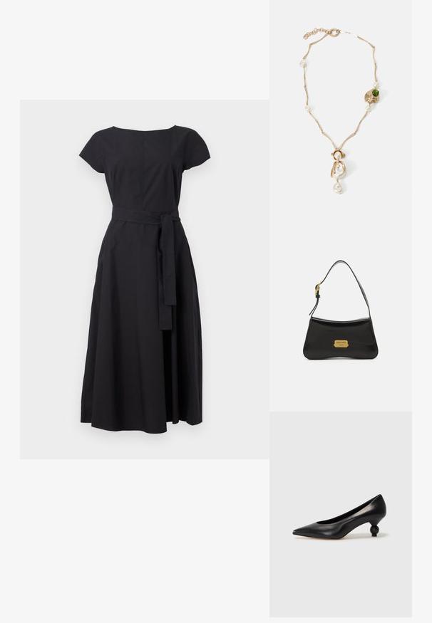 Sort kjole lavet af stof med korte ærmer, rund halsudskæring, tætsiddende liv og bælte i taljen, der fører til en midi-længde nederdel.; Sort læder høje hæle med spids tå og rund, kugleformet hæl. Glat tekstur med et stilrent, minimalistisk design.; Sort læderhåndtaske med et buet design, guld logo-plade detaljer og en slank skulderrem. Glat tekstur med en elegant finish.; Guld-tone halskæde med snoede led og hvide perler samt en grøn stenaccent. Har intrikate detaljer og en spænde til fastgørelse.