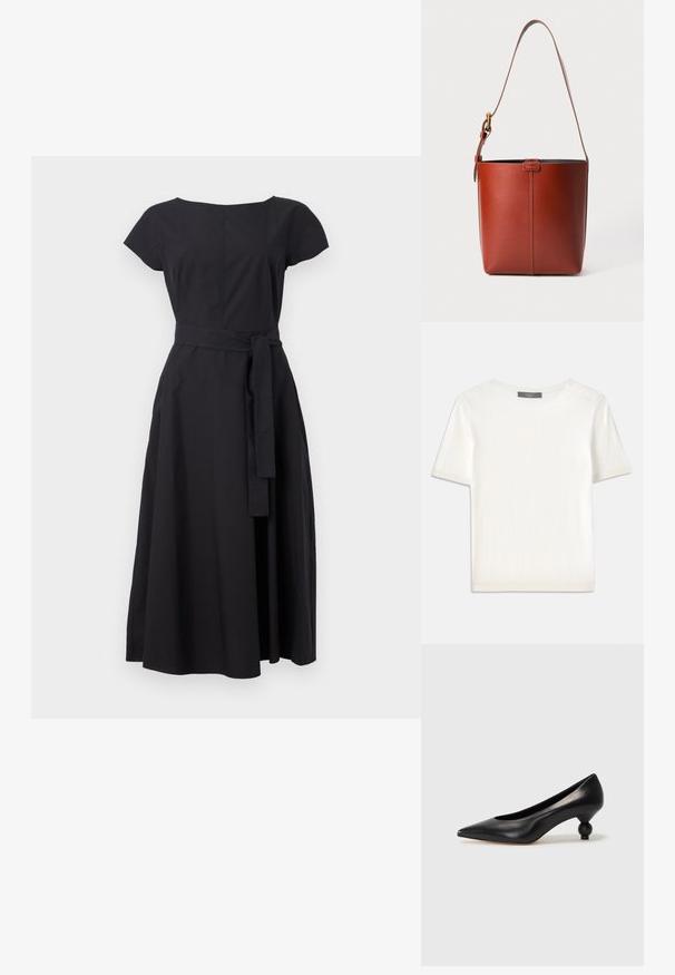 Vestido negro de tela con mangas cortas, escote redondeado, bodice ajustado y cintura ceñida, que termina en una falda de longitud midi.; Top de punto corto de manga blanca con cuello redondo, que presenta una textura suave y sutiles detalles acanalados en las mangas y el dobladillo.; Zapato de tacón alto de cuero negro con puntera afilada y un tacón redondeado y abombado. Textura suave con un diseño elegante y minimalista.; Bolso de cuero marrón tipo cubo con correa para el hombro ajustable y hebilla dorada, con un simple detalle de costura vertical en la parte frontal.