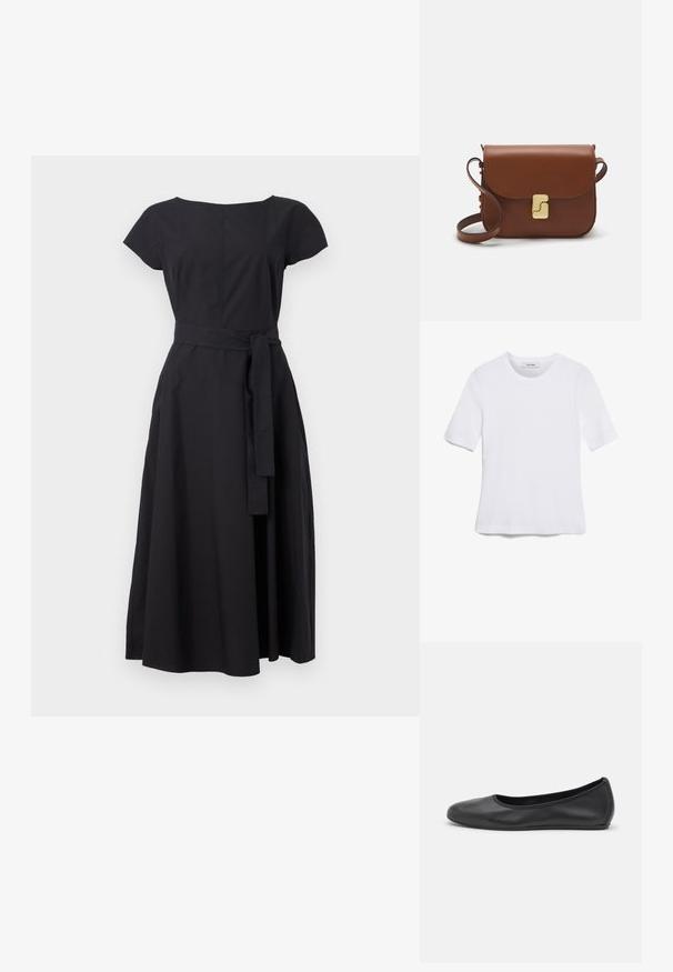 Zwarte jurk van stof met korte mouwen, een ronde halslijn, een aansluitend lijfje en een gebeld taille, die uitloopt in een midi-lengte rok.; Witte korte mouwen t-shirt van ribstof. Ronde halslijn, normale pasvorm en subtiele stiksels. Geen patronen of grafische elementen.; Zwarte leren ballerina met een ronde neus, gladde textuur, minimale stikdetails en een flexibele zoolontwerp.; Bruine leren handtas met een klep sluiting, gouden hardware, een schouderband en een gladde textuur. Compact rechthoekige vorm.
