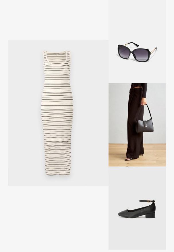 Dryžuota be rankovių maksi suknelė kreminės ir tamsiai mėlynos spalvų. Suvienaša siluetas, griovelinė tekstūra ir apvalus iškirpimas.; Juodas odinis aukštakulnis batelis su smailiu pirštu ir žemu bloku. Su kulkšnies dirželiu su auksinės spalvos sagtimi. Lygus paviršius.; Juodos didelės saulės akinių su pereinamais objektyvais, storomis rėmeliais ir auksinės spalvos grandinėmis ant šventyklų.; Juodas rankinė struktūrizuota forma, lygi tekstūra ir metalinis užsegimas. Suporuota su plačiomis juodomis kelnėmis ir atvirais bateliais ant medinių grindų.