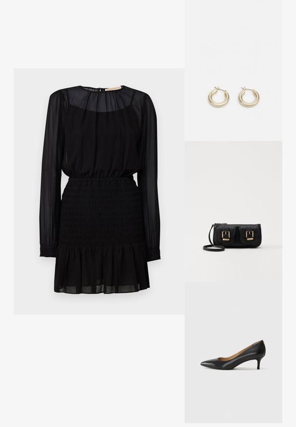 Svart kjole med lange transparente ermer, smocked midje og lagdelt volang nederst. Laget av lett, flytende stoff.; Sorte lærpumpe med spiss tå, lav hæl og en glatt tekstur. Har en liten åpning foran og minimalt med beslag bak.; Svart skinn crossbody veske med to frontlommer, gyldne spenner, glidelåslukking og en slank stropp. Teksturert overflate og kompakt rektangulær form.; Lauren Ralph Lauren BASIC SMALL HOOP - Øredobber - gold-coloured