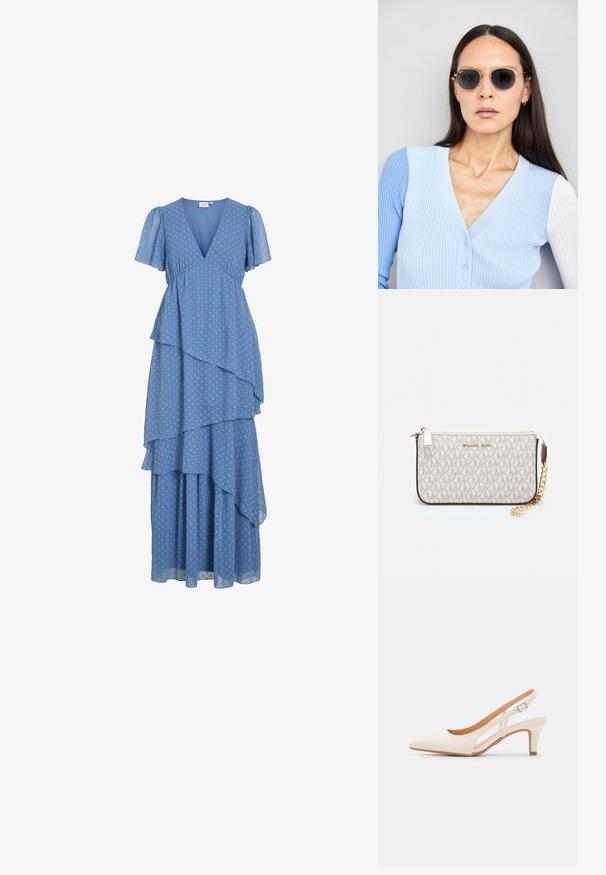 Kék pöttyös, réteges maxi ruha rövid fodros ujjakkal és V-nyakkal, összegyűrt derékkal.; Fehér slingback sarok, hegyes orral, sima felső anyaggal, alacsony blokk sarkával és oldalsó kivágott dizájnnal, állítható csatpánttal.; Kerek napszemüveg sötét lencsékkel és arany kerettel. A modellen világoskék, bordázott kardigán van gombokkal és kontrasztos fehér ujjaival.; Michael Kors bézs bevonatos vászon karkötő, amely ismétlődő MK logó mintával, aranyszínű fémrészletekkel és levehető lánchordóval rendelkezik.