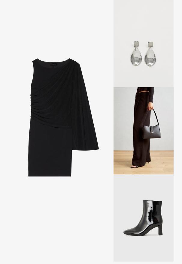 Sort kjole med én langærme, der har draperet stof på den ene side og en tætsiddende silhuet. Glat tekstur, knælangt design.; Sort lakeret ankelstøvle med spids tå og en midt-højde blokhæl. Glat tekstur og minimalistisk design.; Sort håndtaske med struktureret form, glat overflade og metalspænde. Sammen med brede sorte bukser og sandaler med åben tå på trægulv.; Sølv dråbeøreringe med en kvadratisk stud, der har en glat, poleret overflade og en dråbeform, som reflekterer lys med en blank overflade.