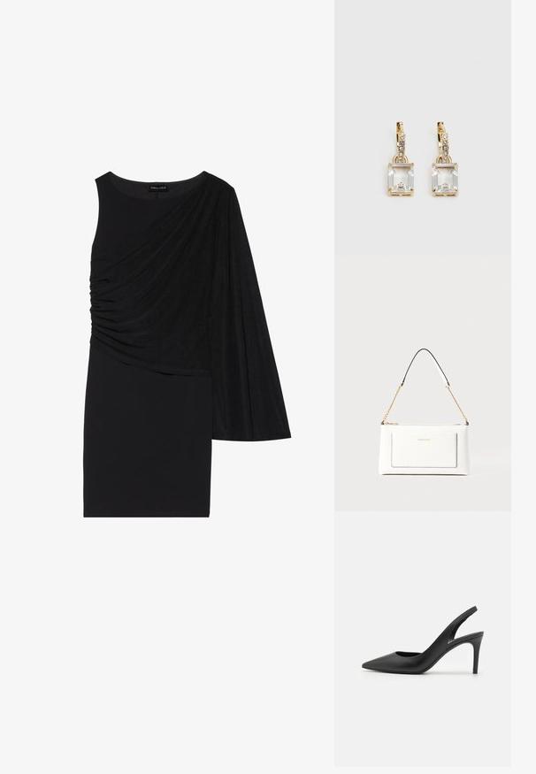 Vestido preto com uma manga longa, apresentando tecido drapeado de um dos lados e uma silhueta ajustada. Textura suave, design até ao joelho.; Sandalias de salto alto em couro preto com design de bico fino, apresentando um recorte na parte da frente e um salto stiletto fino.; Bolsa de mão branca em couro com acabamento texturizado, featuring a corrente dourada e detalhes pretos. Inclui um bolso frontal e fecho com zipper.; Brincos em tom de ouro com um cristal retangular claro pendurado abaixo de uma linha de pequenos acentos redondos claros. Design elegante e moderno.