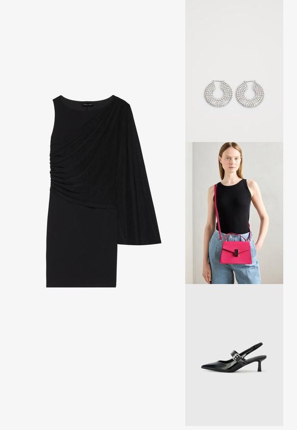 Schwarzes Kleid mit einem langen Ärmel, das auf einer Seite mit drapiertem Stoff und einer figurbetonten Silhouette versehen ist. Glatte Textur, knielanges Design.; Schwarze Lackleder Slingback-Absätze mit spitzem Zeh und kleinem Blockabsatz, ausgestattet mit einem silbernen Schnallenakzent am Riemen.; Rosa strukturierte Handtasche mit Klappenverschluss und schwarzen Akzenten. Als Umhängetasche mit langem Tragegurt getragen. Glatte Textur.; Silberne Creolen, verziert mit mehreren klaren Kristallverzierungselementen, mit einer strukturierten Oberfläche und einem offenen, kreisförmigen Design.