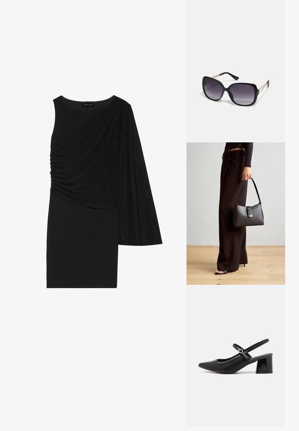 Mustapuku, jossa on yksi pitkä hiha, toisella puolella roikkuva kangas ja tiukka siluetti. Sujuva textura, polvipituinen malli.; Musta lakattu nahka slingback-korkokengät, joissa on terävä kärki, pyöreä aukko-muotoilu ja lohkokorko. Varustettu kultasävyisellä solkiyksityiskohdalla.; Mustat ylisuurten kehysten aurinkolasit, joissa on liukuväri-linssit, paksut kehykset ja kultasävyiset ketjustuskoristeet temppeleissä.; Musta käsilaukku, jossa on rakenteellinen muoto, sileä pinta ja metallinen solki. Yhdistetty leveisiin mustiin housuihin ja avonaiheisiin sandaaleihin puulattialla.