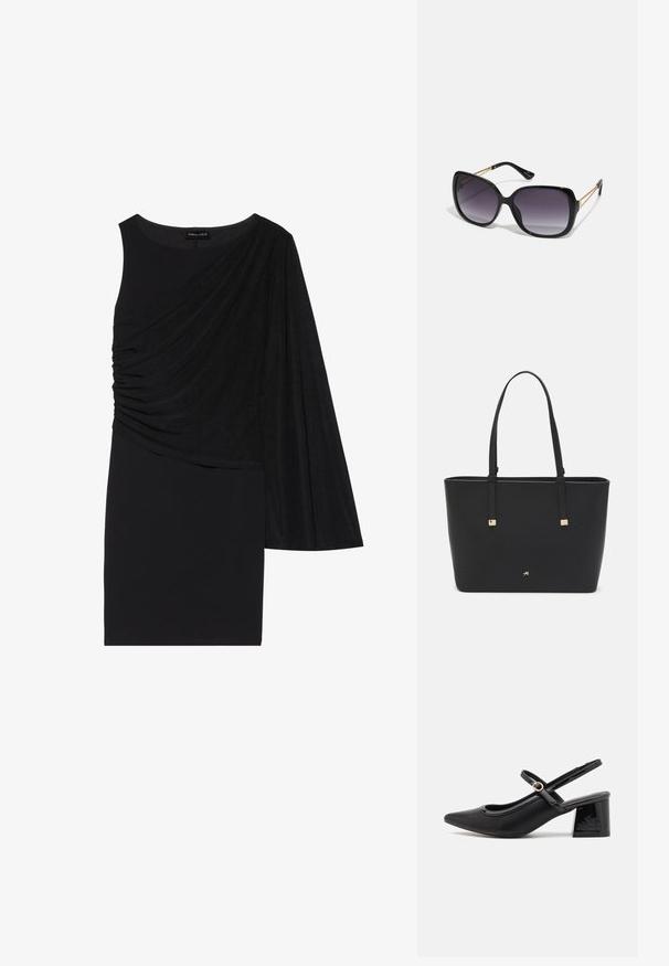 Svart kjole med én lang arm, med drapert stoff på den ene siden og en tettsittende silhuett. Jevn tekstur, knelangt design.; Sorte lakk lær slingback hæler med spiss tå, et avrundet utskjæringsdesign og blokkheel. Har en gulltone spenne som detalj.; Sorte oversized solbriller med gradient linser, tykke rammer og detaljering med gulltonekjede på tempelarmene.; Svart totebag laget av syntetisk materiale, med et enkelt rektangulært design, gullfargede firkantede detaljer og doble håndtak.