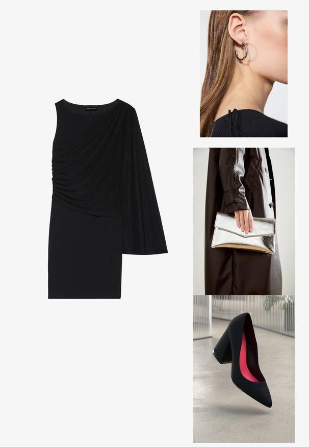 Black dress with one long sleeve, featuring draped fabric on one side and a fitted silhouette. Smooth texture, knee-length design.; Black high-heeled shoe with a pointed toe and a textured upper. Interior features bright pink lining. Square heel with metallic accent at the base.; Silver metallic clutch with an angular envelope design, smooth texture, and contrasting interior color, held in a hand wearing a black coat.; Silver hoop earring with a polished finish, featuring small gold accent details and a round shape, worn on the lobe.