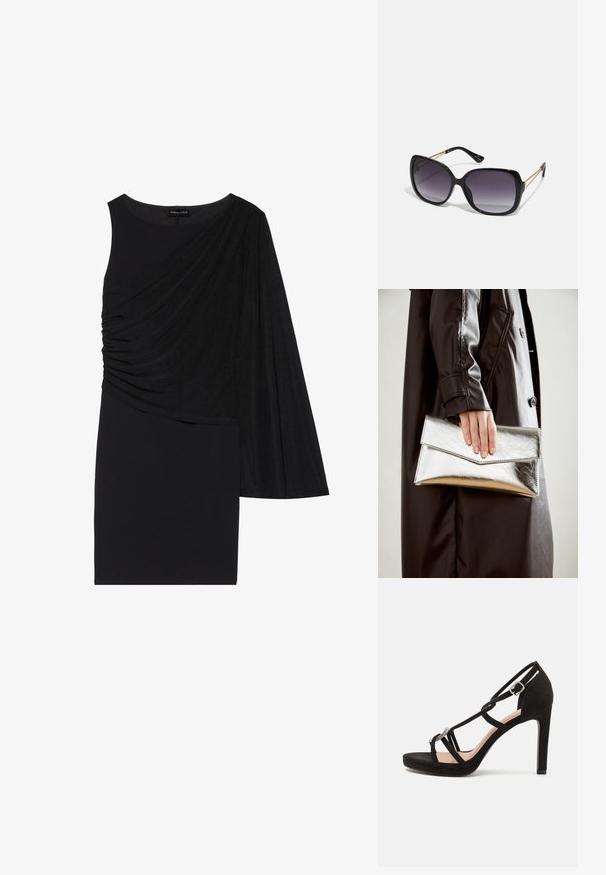 Melnā kleita ar vienu garo piedurkni, uz vienas puses ar drapētām auduma detaļām un pieguļošu siluetu. Gluda struktūra, līdz ceļiem garš modelis.; Melnas zamša augstpapēžu sandales ar krustveida siksnām, dekoratīvu sudraba krāsas akcentu un platformas zoli, lai nodrošinātu papildu augstumu.; Melni pārmērīgi lieli saulesbrilles ar gradāciju lēcām, biezām rāmja malām un zeltainas krāsas ķēžu detaļām uz tempļiem.; Sudraba metāla aploksne ar leņķveida dizainu, gludu tekstūru un kontrastējošu iekšējo krāsu, ko tur rokā, kas tērpta melnā mētelī.