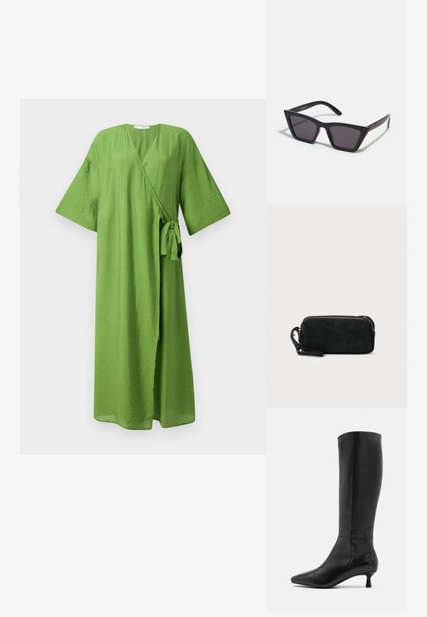 Vihreä kietaisumekko, joka on valmistettu kevyestä kankaasta. Varustettu leveillä hihoilla, vyötärölle solmittavalla nauhalla ja syvällä V-puolella. Sujuva, hieman teksturoitu pinta.; Zign Saappaat - black; Mustat, kulmikkaat aurinkolasit harmailla linsseillä; valmistettu muovista, paksuilla varsilla, joissa on sileä pinta ja ilman näkyvää metalliosaa.; Musta nubukista valmistettu ristikkokassi, jossa on vetoketjusulku ja irrotettava rannekapseli. Varustettu kultasävyisillä osilla ja sileällä, matalla pinnalla.
