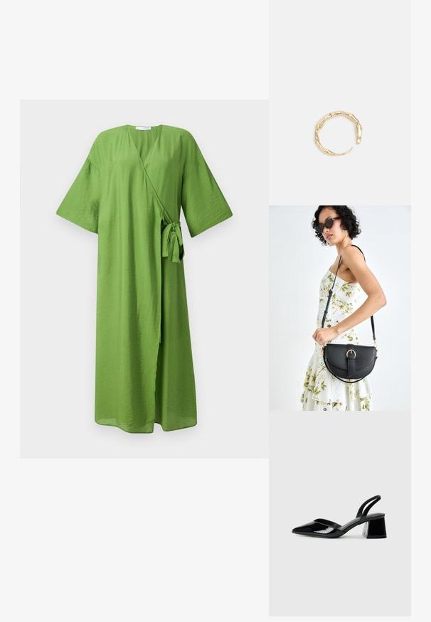 Abito verde avvolgente realizzato in tessuto leggero. Presenta ampie maniche, una cintura in vita e un design a scollatura a V profonda. Superficie liscia e leggermente testurizzata.; Décolleté in vernice nera con punta affusolata e tacco in geometria cubica. Presentano un design elegante e minimalista, con una texture liscia.; Borsa a tracolla nera in pelle con una forma curva, manico rimovibile e accessori dorati. La borsa presenta una patta con un dettaglio a fibbia.; Anello in tono oro con un design organico e Twisted, caratterizzato da una superficie liscia e punte affusolate, che crea un aspetto moderno e scultoreo.