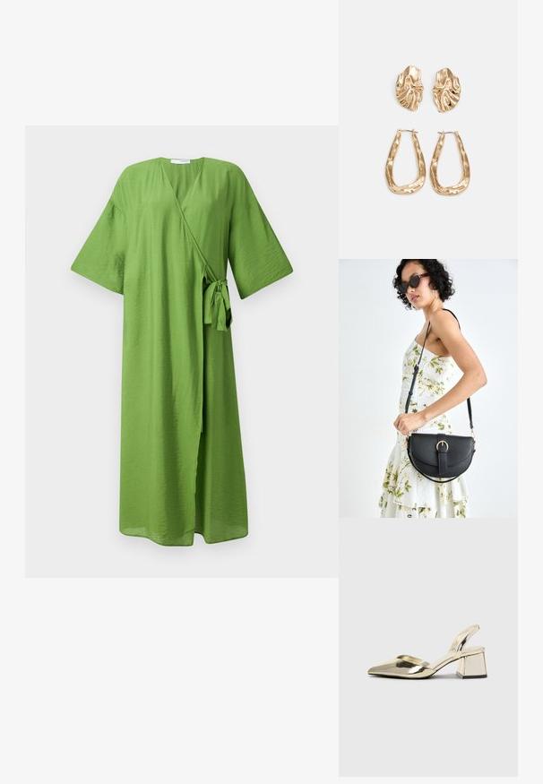 Zelené šaty s volným střihem vyrobené z lehké tkaniny. Mají široké rukávy, pásek v pase a hluboký výstřih do V. Hladký, mírně texturovaný povrch.; Kovové zlaté pantofle na podpatku s špičatou špičkou a masivním podpatkem. Hladký povrch, minimalisticý design a úzký pásek.; Černá kožená kabelka s křivkovým tvarem, odnímatelným popruhem a zlatými detaily. Kabelka má klopu s přezkou.; Náušnice ve zlatém tónu s texturovanými, vlnitými tvary. Obsahují sochařské klipy a design otevřeného kruhu s kladivkovým povrchem.