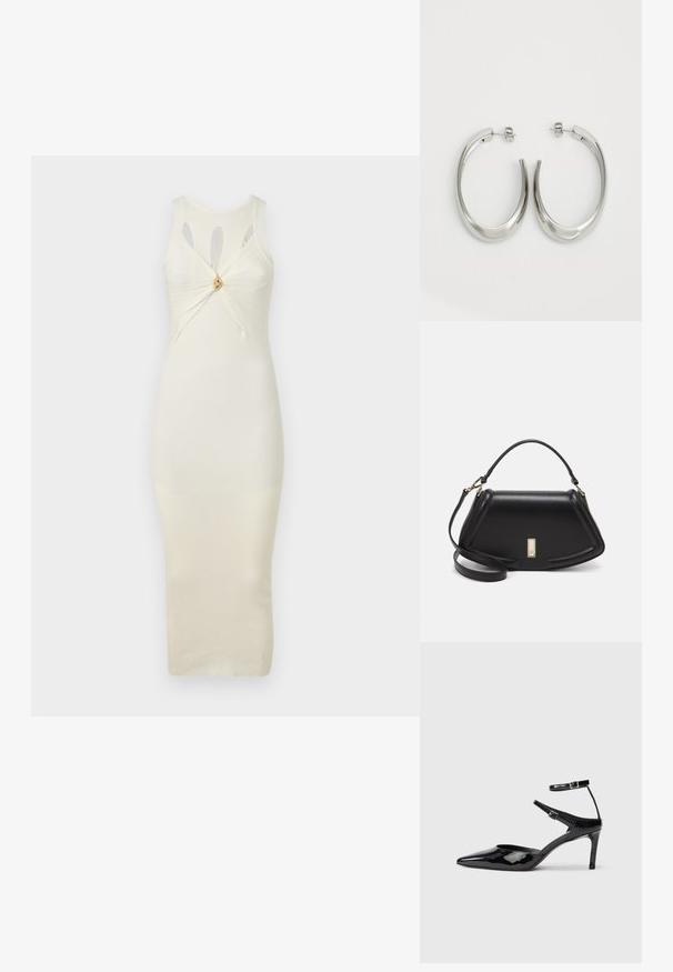 Rochie bodycon crem cu manșete cu nervuri și detalii cu decupaje la umeri, având un design împletit cu un accent auriu în centrul.; Cizme cu toc din piele lacuită neagră, cu vârf ascuțit, curele reglabile la gleznă și un toc subțire. Textură netedă cu un finisaj lucios.; Geantă de umăr din piele neagră, cu un design structurat, având o formă tăiată, mânere superioare și accente din aur. Include o curea de umăr ajustabilă.; Cercei din argint, cu un design neted și curbat. Prezintă o finisare metalică strălucitoare și închidere cu stud. Fără modele sau accente vizibile.