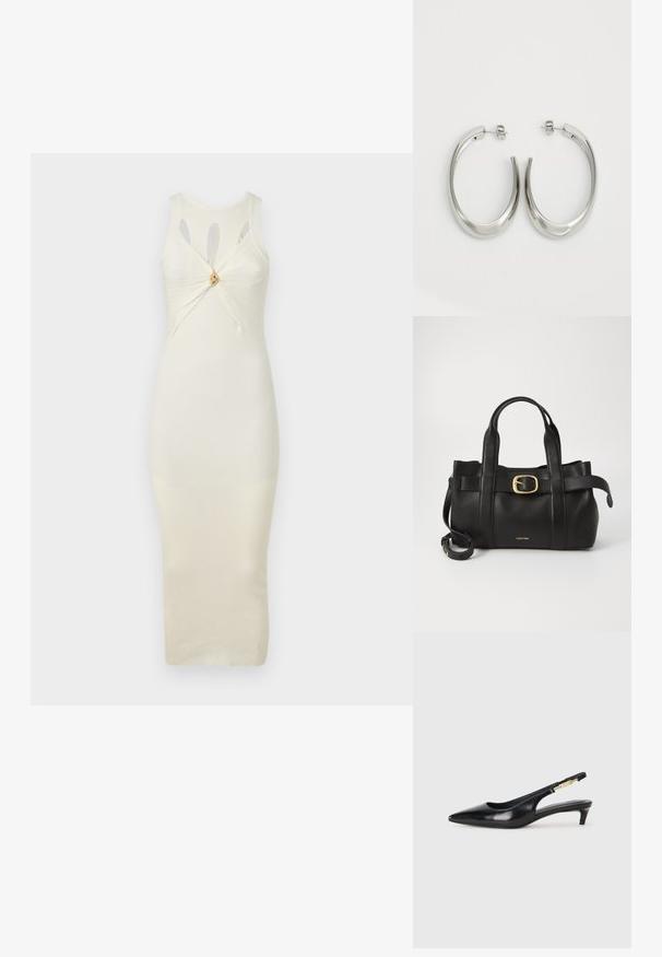 Cremfarbendes, geripptes Bodycon-Kleid mit Cut-out-Details an den Schultern und einem verdrehten Frontdesign, das in der Mitte mit einem goldenen Akzent versehen ist.; Schwarze Leder-Slingback-Pumps mit spitzem Schuhblatt, ausgestattet mit einem schlanken Absatz und einem goldfarbigen Akzent am verstellbaren Riemen. Glatte Textur.; Schwarze Lederhandtasche mit strukturiertem Design, doppelten oberen Griffen, goldfarbenem Schnallenakzent und geprägtem Markenlogo auf der Vorderseite.; Silberne Creolen mit einem glatten, geschwungenen Design. Mit einem glänzenden metallischen Finish und Steckverschluss. Keine sichtbaren Muster oder Akzente.